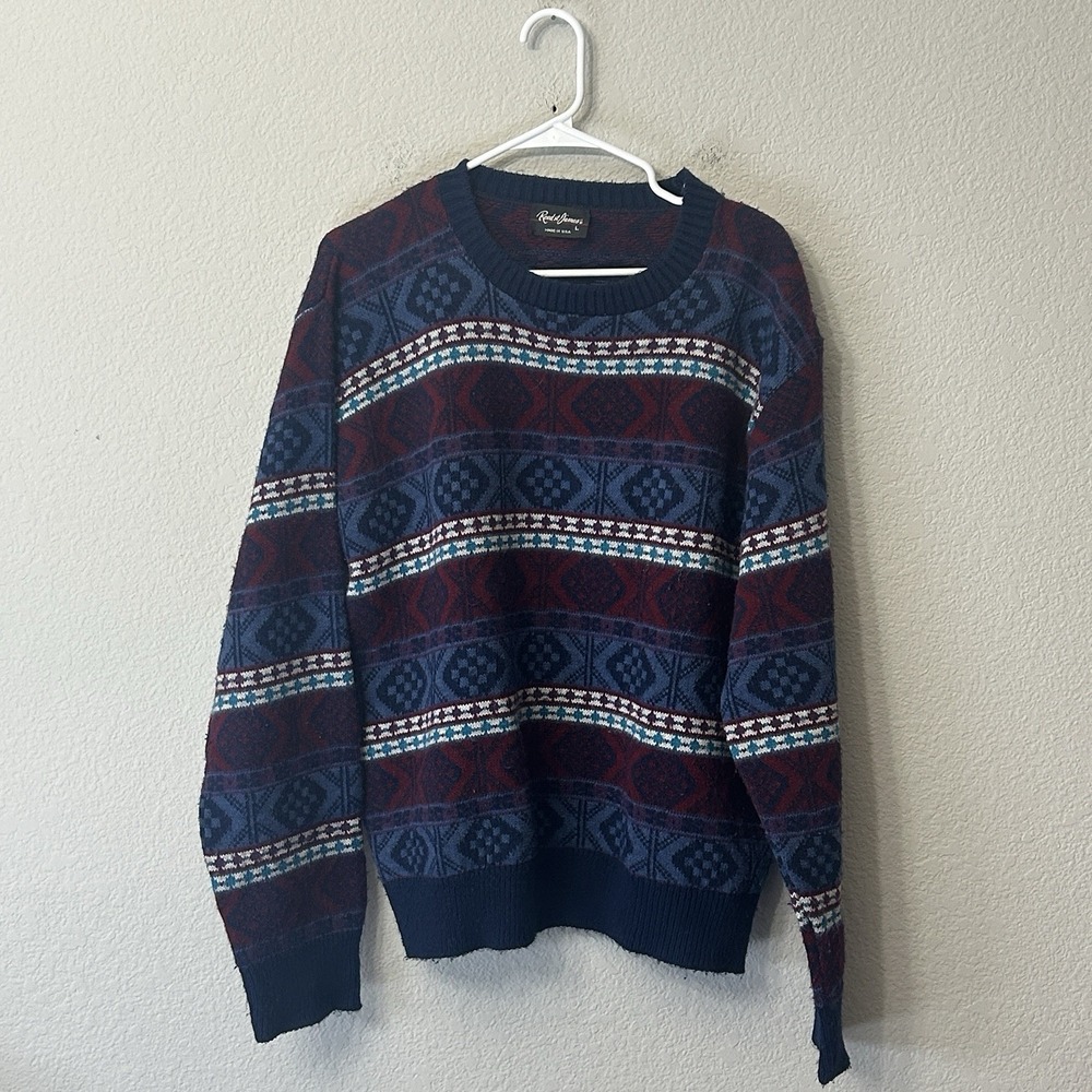 Vintage Reed St. James Multicolor Patterned Knit Crewneck Sweater Men's Size L